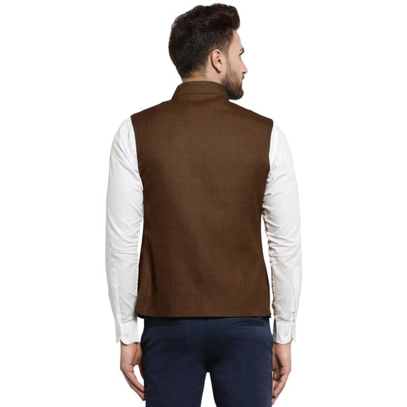 Sleeveless Traditional Jute Fabric Caramel Brown Nehru Jacket by Treemoda - Picture 3 of 5